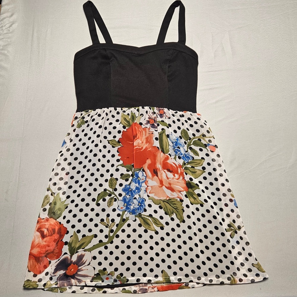 Charlotte Russe Fit Flare Dress Womens Small Black Floral Polka Dot Sleeveless